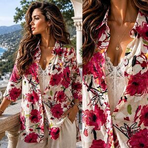 Linen XL Coastal Resortwear Floral Tunic Shirt Pink Artistic Boho Chico's Sz 2